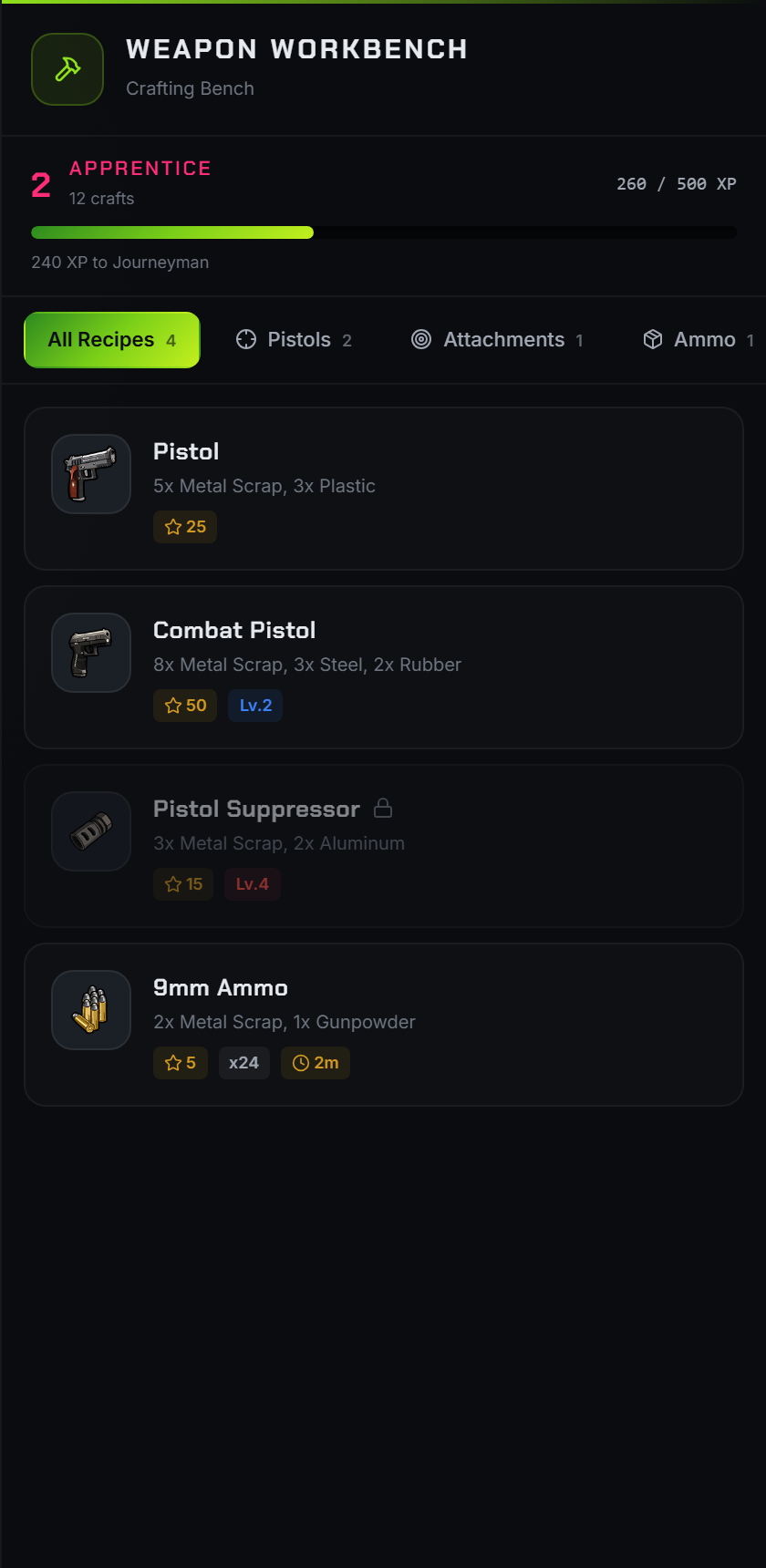 A weapon workbench showing tier progress and its recipe list
