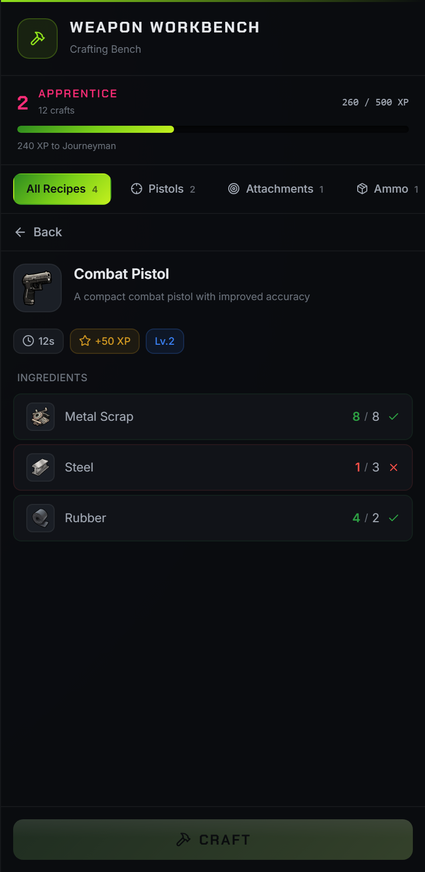 A recipe showing each ingredient counted against what the player carries