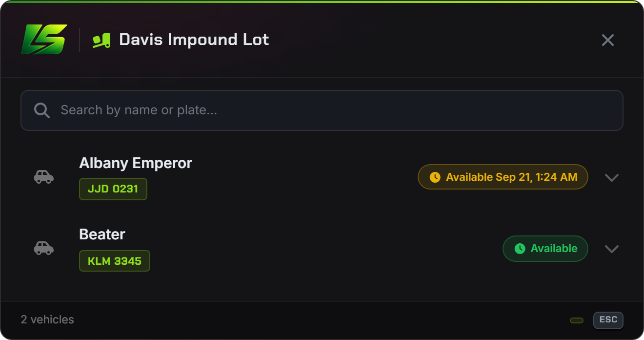The impound lot showing one vehicle ready to collect and one still held until a stated time