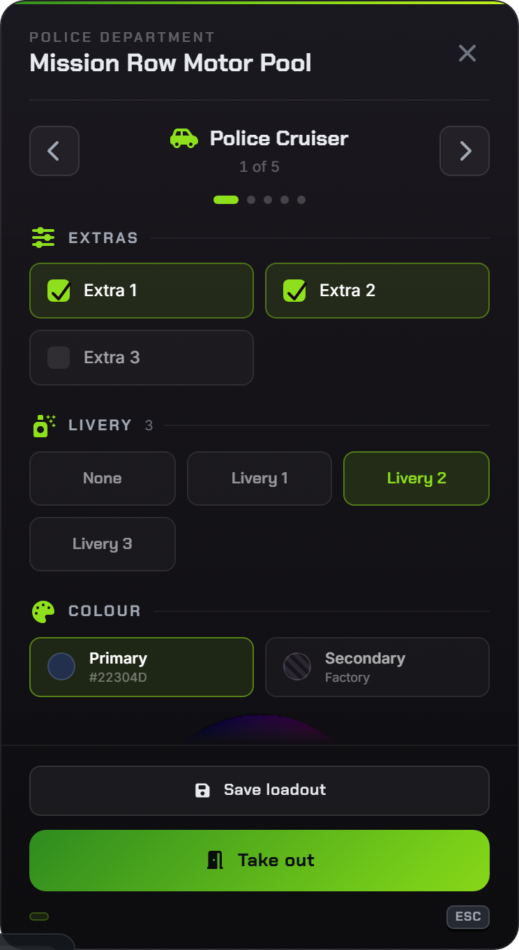 The showroom panel with vehicle selection, extras, livery and colour