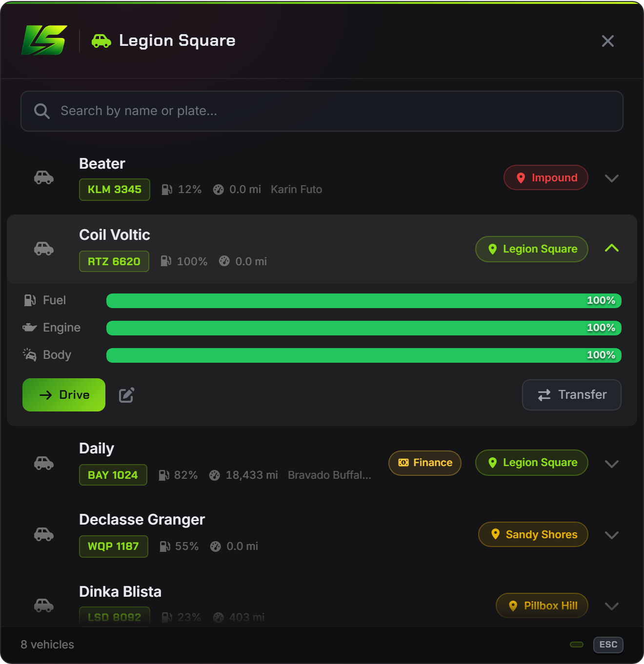 A vehicle row expanded to show fuel, engine and body condition with drive and transfer actions