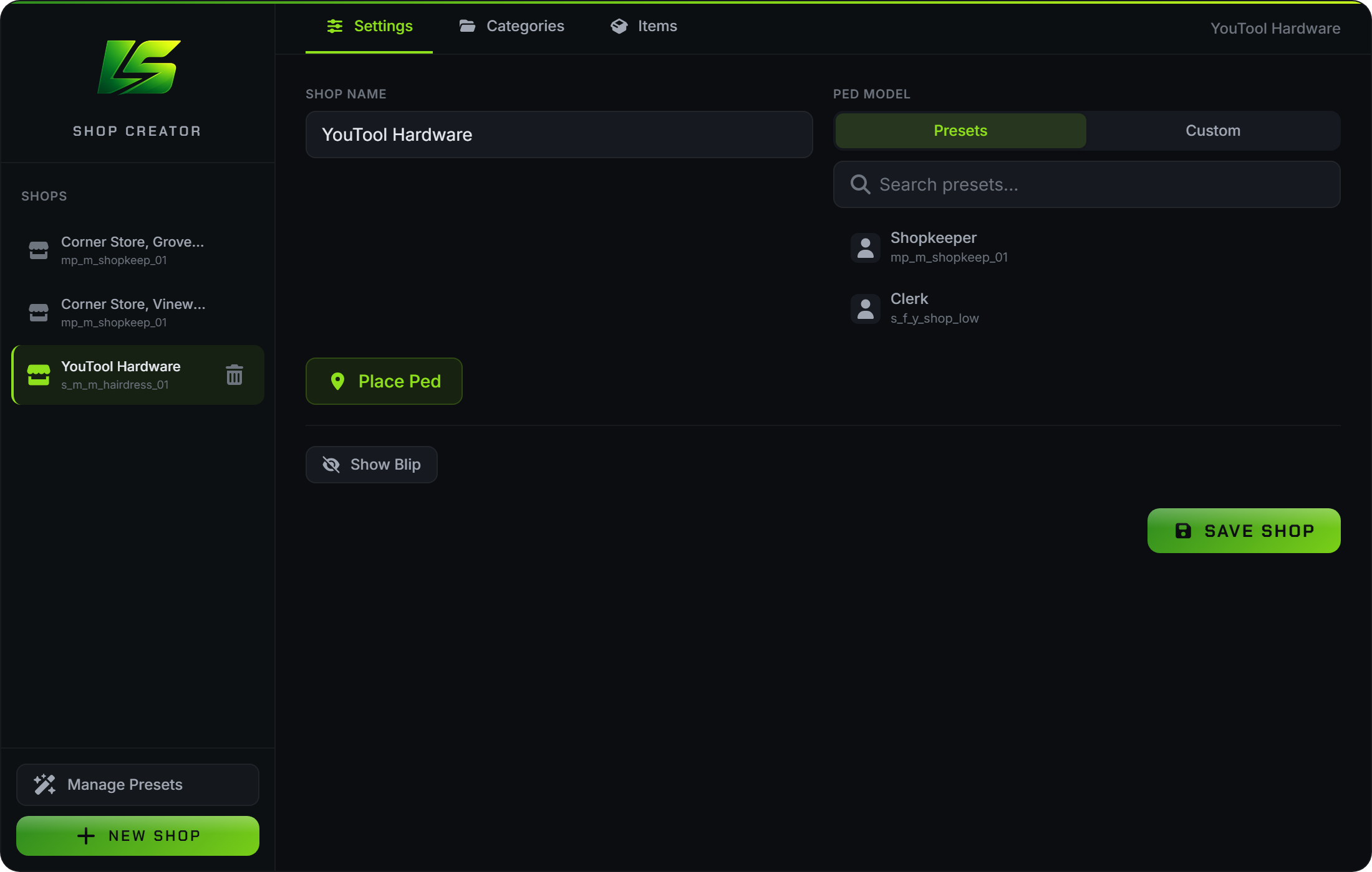 The shop creator listing shops with their shopkeeper peds