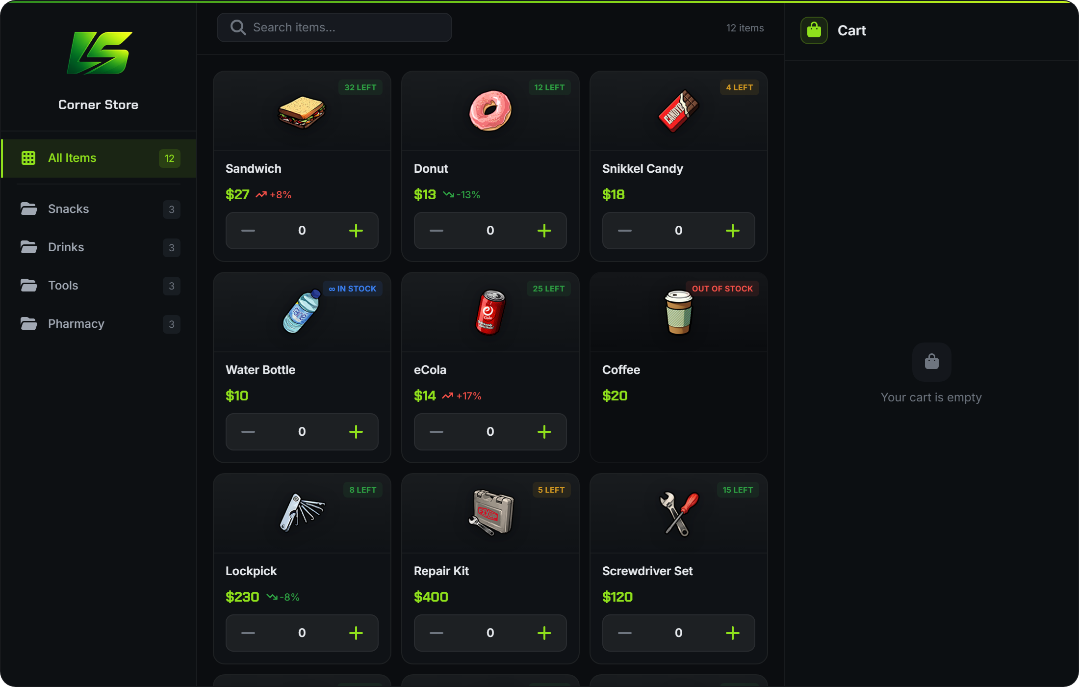 The shop with item cards, categories and stock levels